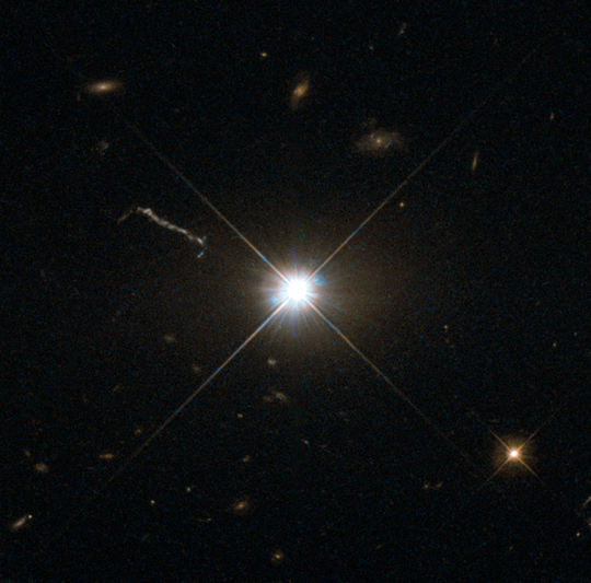 This image from Hubble’s Wide Field and Planetary Camera 2 (WFPC2) is likely the best of ancient and brilliant quasar 3C 273, which resides in a giant elliptical galaxy in the constellation of Virgo