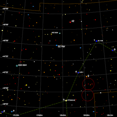 A finder chart for the double star 52 Her in Hercules