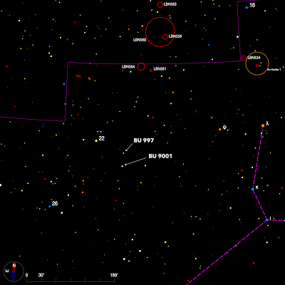 Finder chart for the double stars BU 997 and BU 9001 in Andromeda