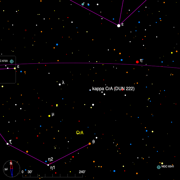 Image of a finder chart for the double star kappa CrA (DUN 222) in Corona Australis