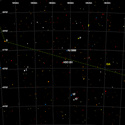 Finder chart for the double stars HJ 5066 and HDO 291 in Corona Austrialis Finder chart for the double stars HJ 5066 and HDO 291 in Corona Austrialis