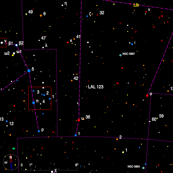 Image of a finder chart for the double star LAL 123 in Libra