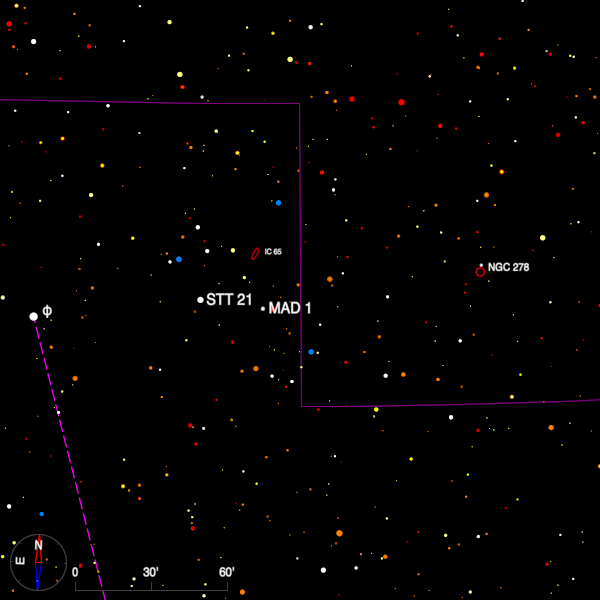 Image of a finder chart for the double stars MAD 1 and STT 21 in Andromeda