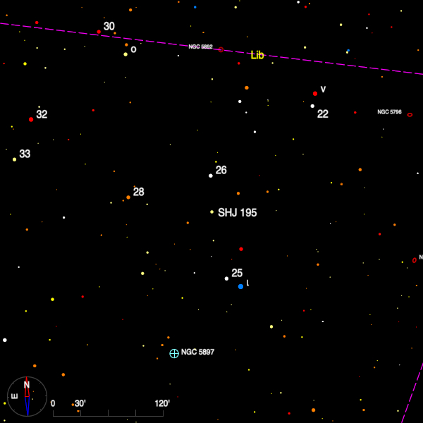 Image of a finder chart for the double star SHJ 195 in Libra