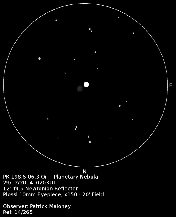 A sketch of Abell 12 by Patrick Maloney through his 12-inch newtonian telescope at x150 magnification.