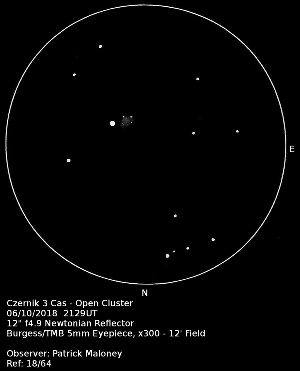 A sketch of open cluster Czernik 3 by Patrick Maloney through his 12-inch newtonian telescope at x300 magnification