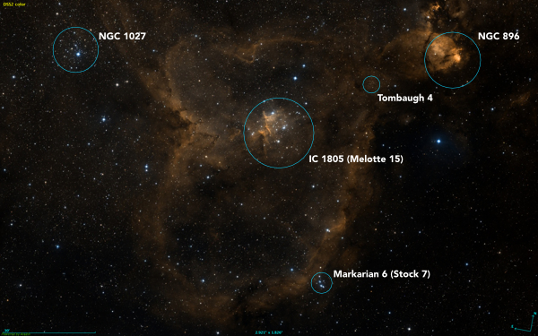 An annotated image of our objects in the region around the Heart Nebula (IC 1805) in Cassiopeia provided by Digitalised Sky Survey (DSS)