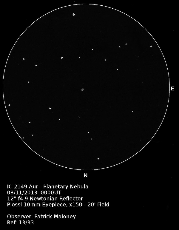 A sketch of planetary nebula IC 2149 in Auriga by Patrick Maloney through his 12-inch newtonian telescope at x150 magnification.
