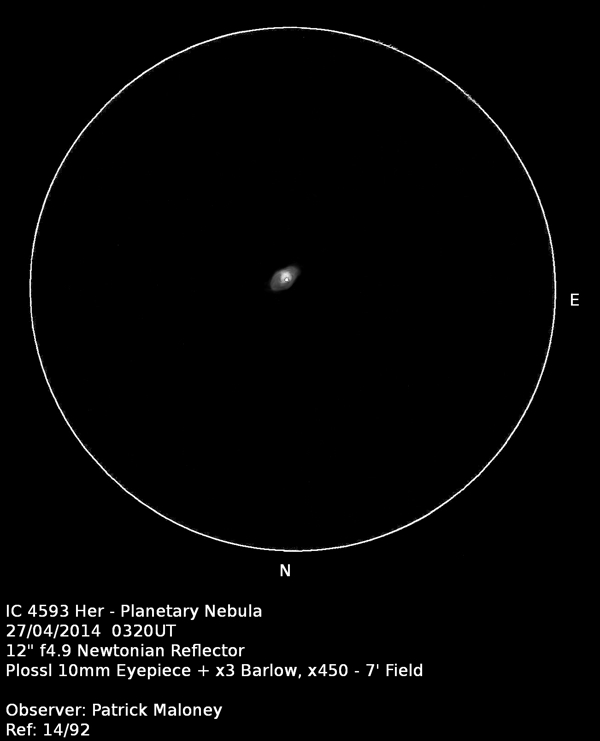 A sketch of IC 4593 by Patrick Maloney through his 12-inch newtonian telescope at x450 magnification