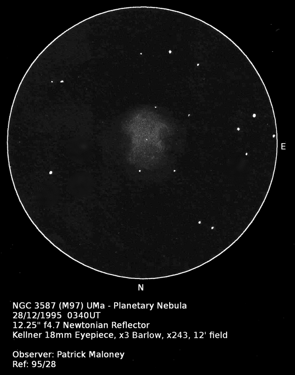 A sketch of Messier 97 (NGC 3587) by Patrick Maloney through his 12-inch newtonian telescope at x243 magnification.