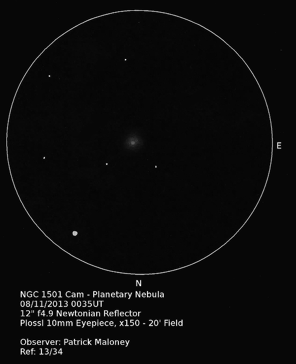 A sketch of planetary nebula NGC 1501 in Camelopardalis by Patrick Maloney through his 12-inch newtonian telescope at x150 magnification.