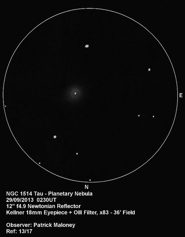 A sketch of NGC 1514 by Patrick Maloney through his 12-inch newtonian telescope at x83 magnification.