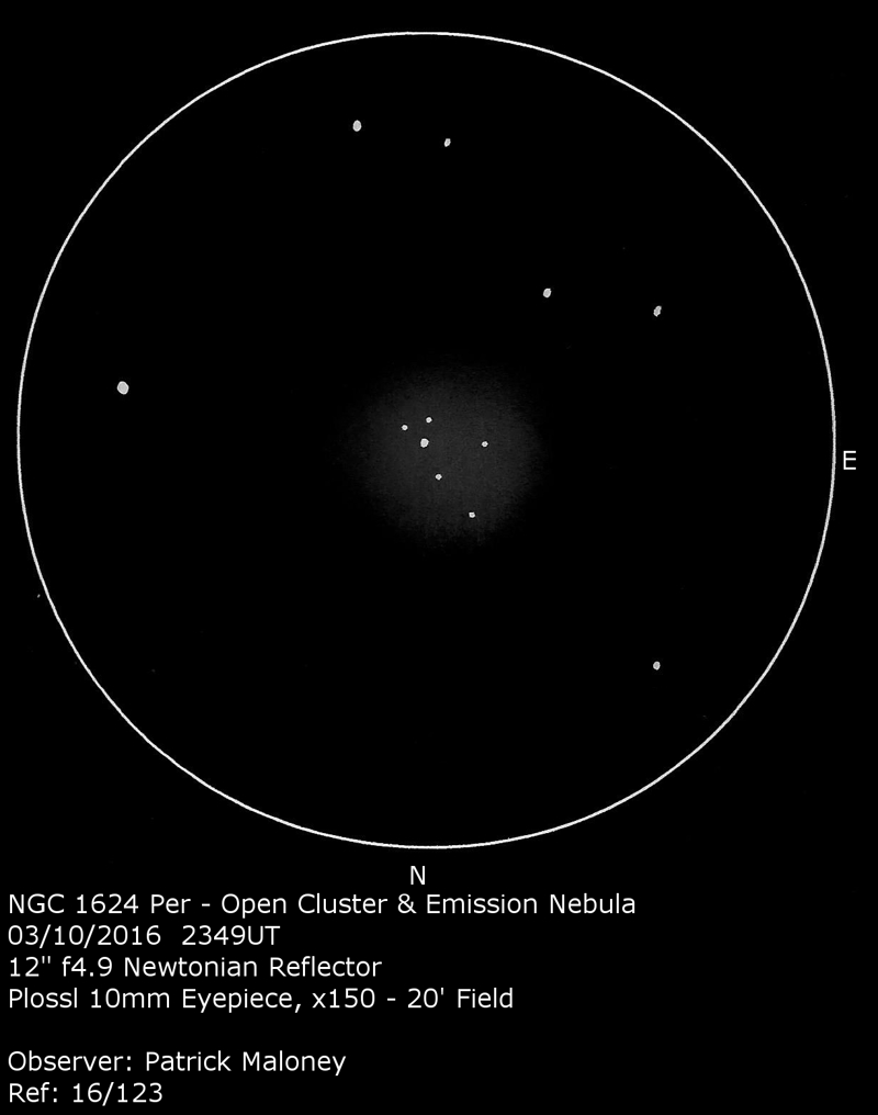 A sketch of NGC 1624 by Patrick Maloney through his 12-inch newtonian telescope at x150 magnification