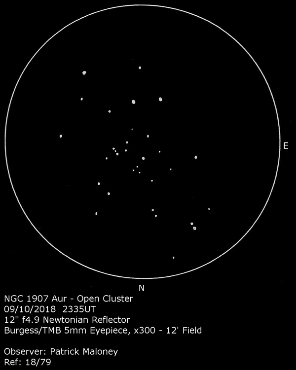 A sketch of NGC 1907 by Patrick Maloney through his 12-inch newtonian telescope at x300 magnification