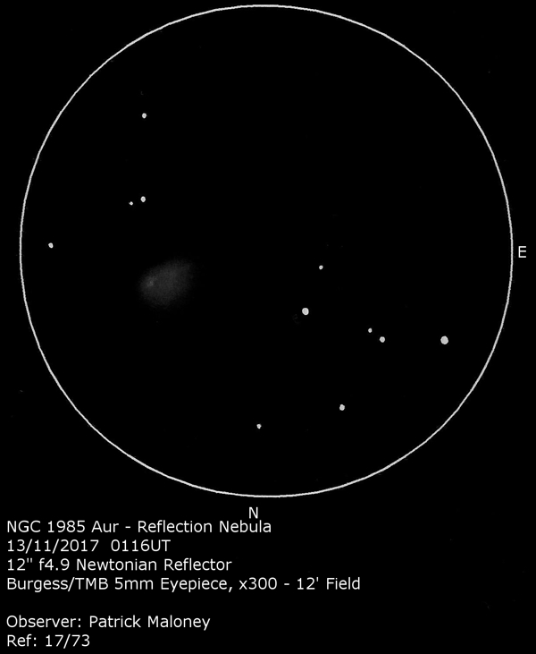 A sketch of NGC 1985 by Patrick Maloney through his 12-inch newtonian telescope at x300 magnification