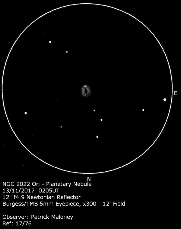 A sketch of NGC 2022 by Patrick Maloney through his 12-inch newtonian telescope at x300 magnification.