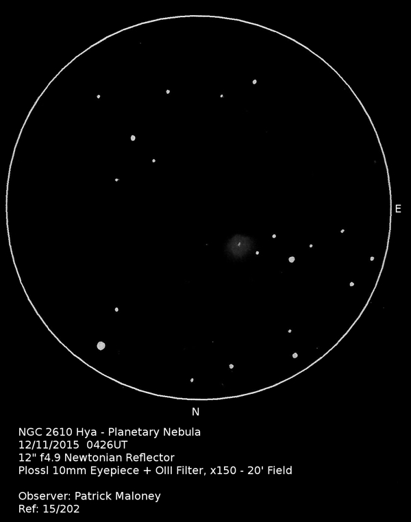 A sketch of NGC 2610 by Patrick Maloney through his 12-inch newtonian telescope at x150 magnification.