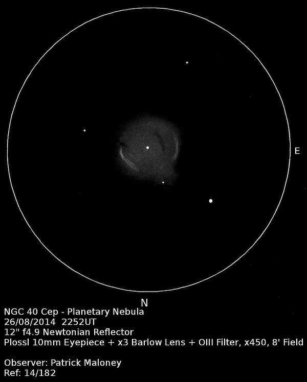A sketch of planetary nebula NGC 40 in Cepheus by Patrick Maloney through his 12-inch newtonian telescope at x450 magnification with an O-III filter.