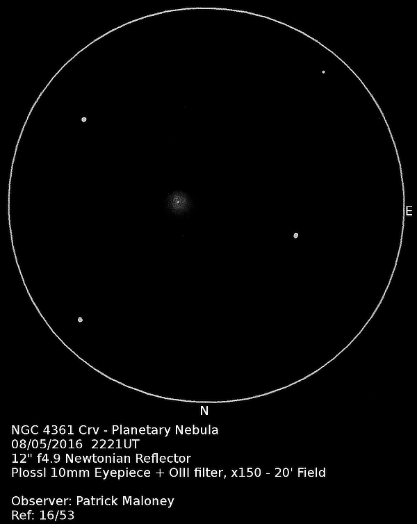 A sketch of planetary nebula NGC 4361 in Corvus by Patrick Maloney through his 12-inch newtonian telescope at x150 magnification with an O-III filter.