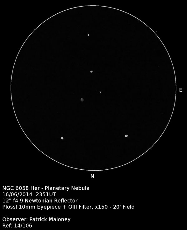 A sketch of NGC 6058 by Patrick Maloney through his 12-inch newtonian telescope at x150 magnification.