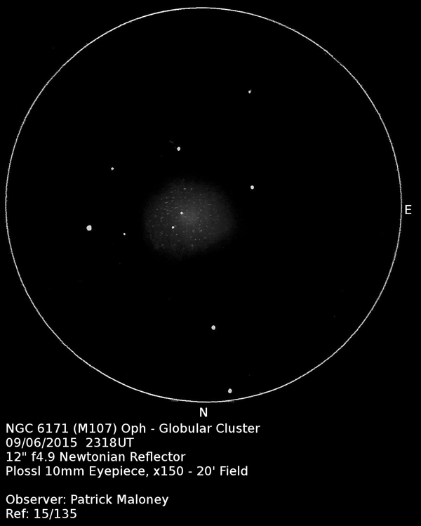 A sketch of NGC 6171 by Patrick Maloney through his 12-inch newtonian telescope at x150 magnification.
