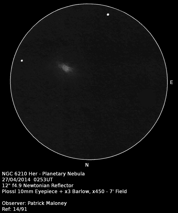 A sketch of NGC 6210 by Patrick Maloney through his 12-inch newtonian telescope at x450 magnification.