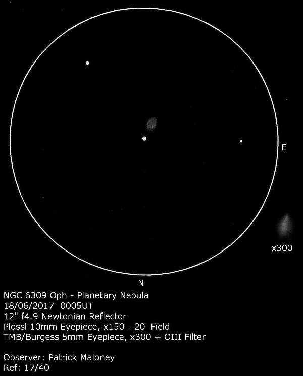 A sketch of NGC 6309 by Patrick Maloney through his 12-inch newtonian telescope at x150 magnification.