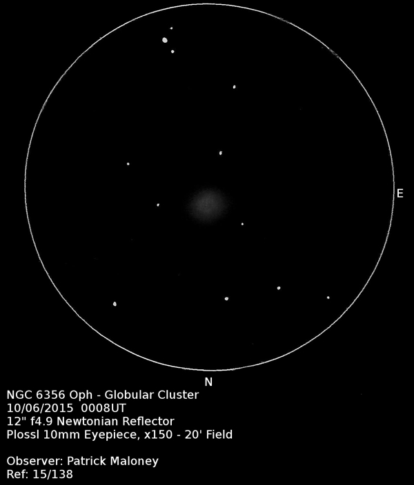 A sketch of NGC 6356 by Patrick Maloney through his 12-inch newtonian telescope at x150 magnification