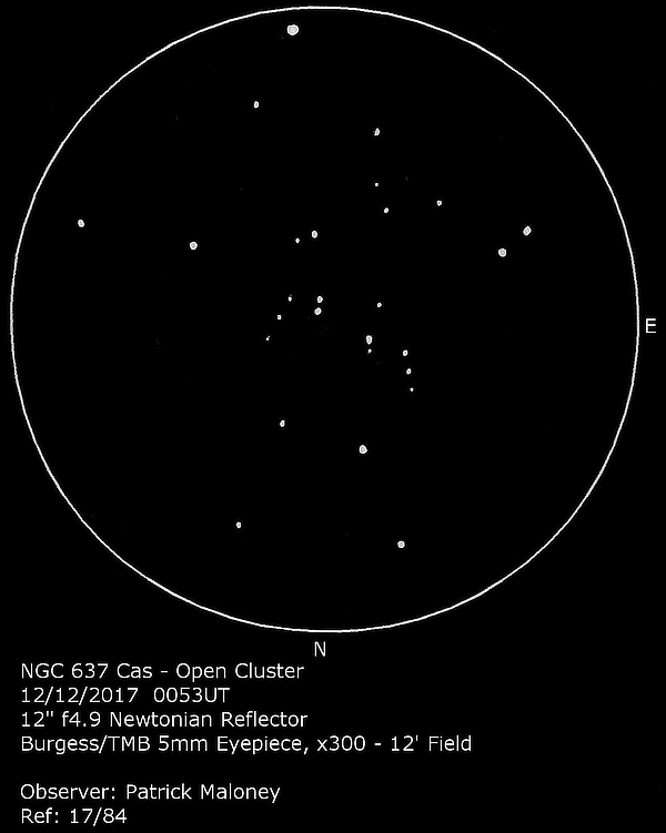 A sketch of NGC 637 by Patrick Maloney through his 12-inch newtonian telescope at x300 magnification.