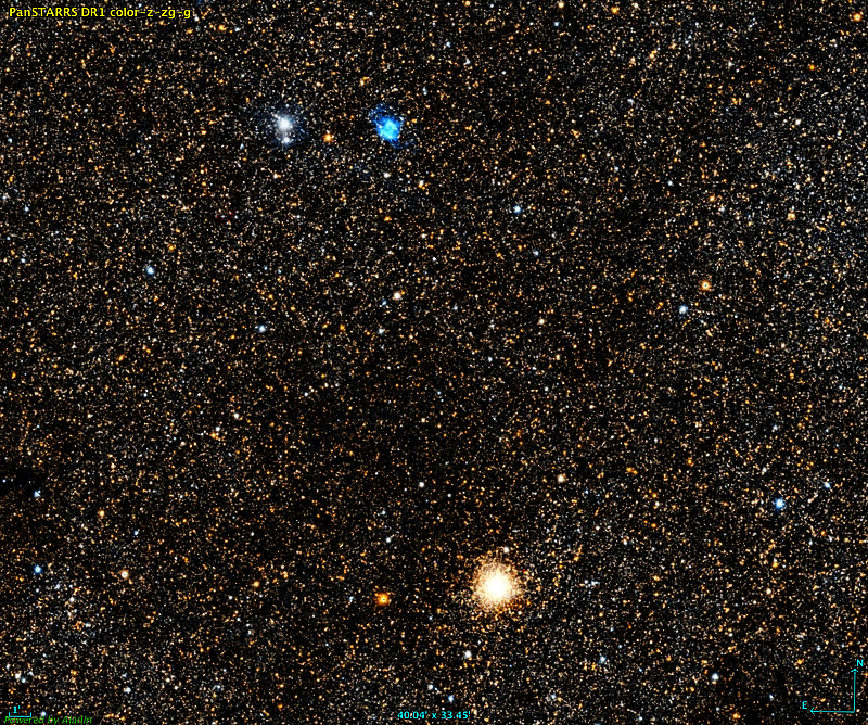 An image of globular cluster NGC 6440 and planetary nebula NGC 6445 in Sagittarius courtesy of the Pan-STARRS1 Surveys (PS1).