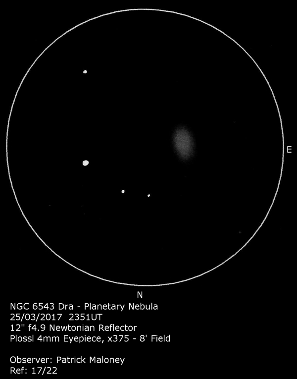 A sketch of NGC 6543 by Patrick Maloney through his 12-inch newtonian telescope at x375 magnification.