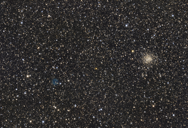 A 2x2 binned image of the globular cluster (NGC 6712) in a rich field of stars to the right of the image and IC 1295 to the lower left of the centre by David Davies