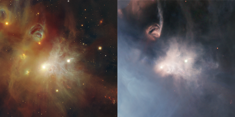Images of R and T Corona Australis and NGC 6729 variable nebula in Corona Australis in both visual and infrared wavelengths courtesy of ESO/Meingast et al.
