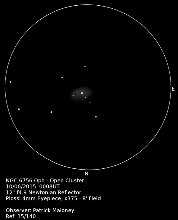 A sketch of NGC 6756 by Patrick Maloney through his 12-inch newtonian telescope at x375 magnification