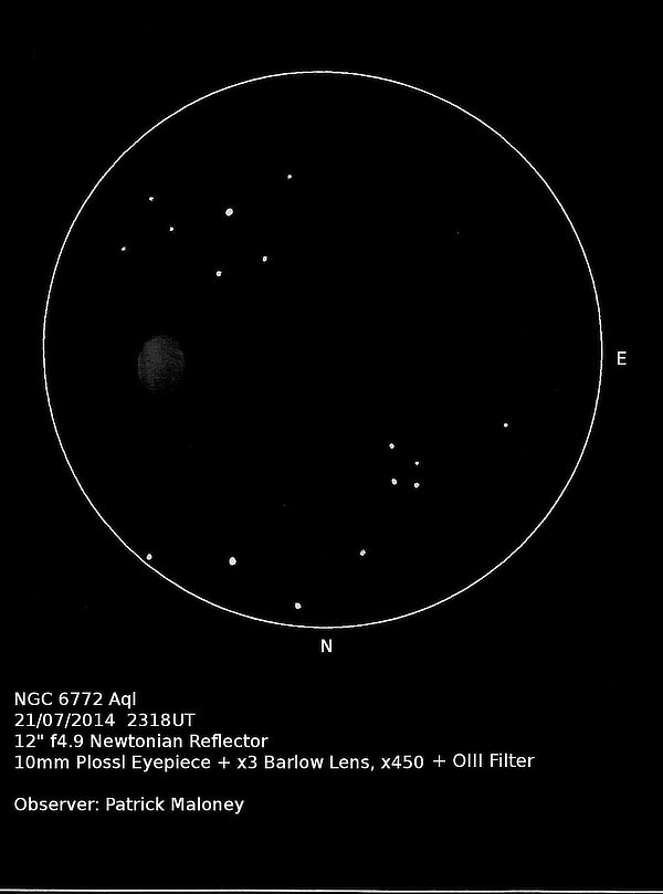 A sketch of planetary nebula NGC 6772 in Aquila by Patrick Maloney through his 12-inch newtonian telescope at x450 magnification with an OIII filter.