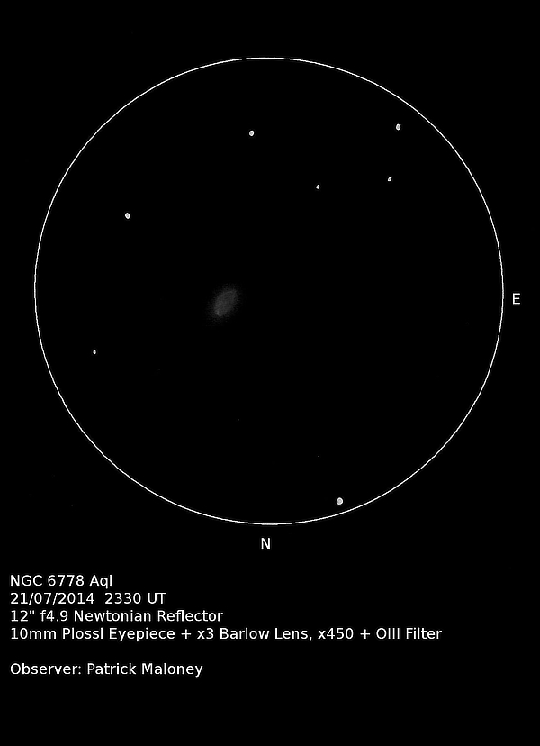 A sketch of planetary nebula NGC 6778 in Aquila by Patrick Maloney through his 12-inch newtonian telescope at x450 magnification with an O-III filter. A sketch of planetary nebula NGC 6778 in Aquila by Patrick Maloney through his 12-inch newtonian telescope at x450 magnification with an O-III filter.