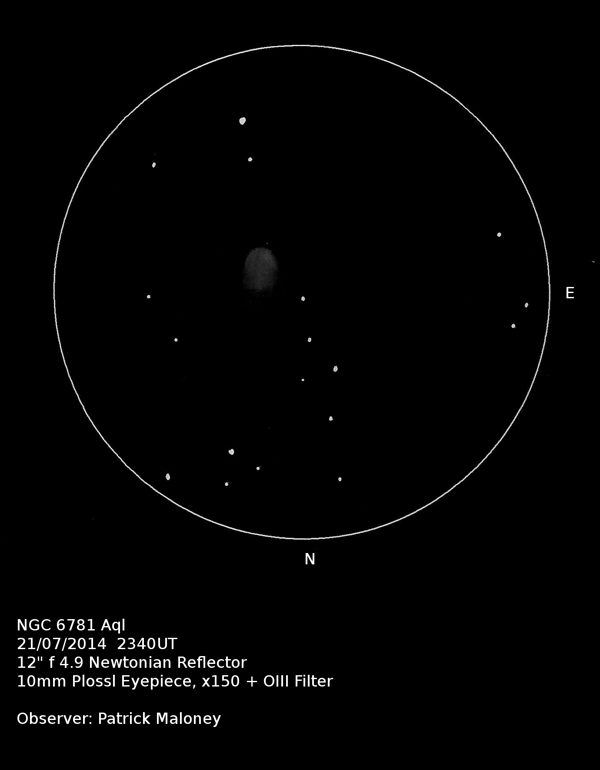 A sketch of NGC 6781 by Patrick Maloney through his 12-inch newtonian telescope at x150 magnification with an OIII filter.