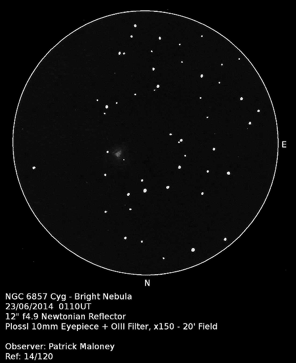 A sketch of NGC 6857 by Patrick Maloney through his 12-inch newtonian telescope at x150 magnification with an OIII filter.