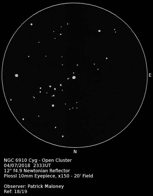 A sketch of NGC 6910 by Patrick Maloney through his 12-inch newtonian telescope at x150 magnification.