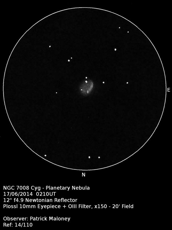 A sketch of NGC 7008 by Patrick Maloney through his 12-inch newtonian telescope at x150 magnification.