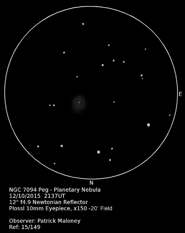 A sketch of NGC 7094 by Patrick Maloney through his 12-inch newtonian telescope at x150 magnification.