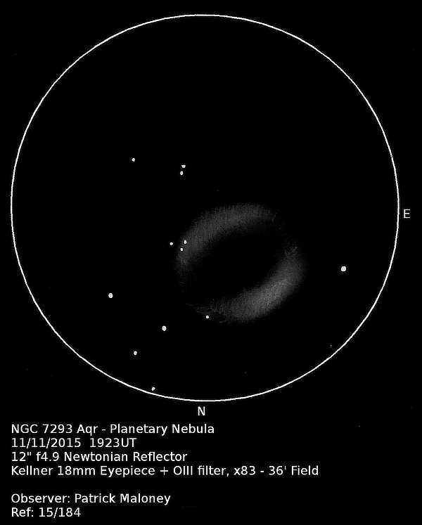 A sketch of planetary nebula NGC 7293 in Aquarius by Patrick Maloney through his 12-inch newtonian telescope at x83 magnification with an OIII filter.