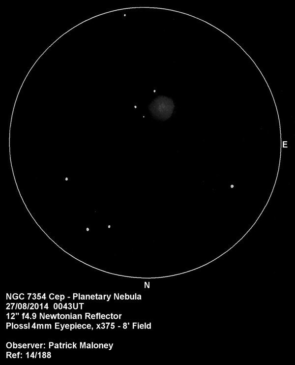 A sketch of NGC 7354 by Patrick Maloney through his 12-inch newtonian telescope at x375 magnification.