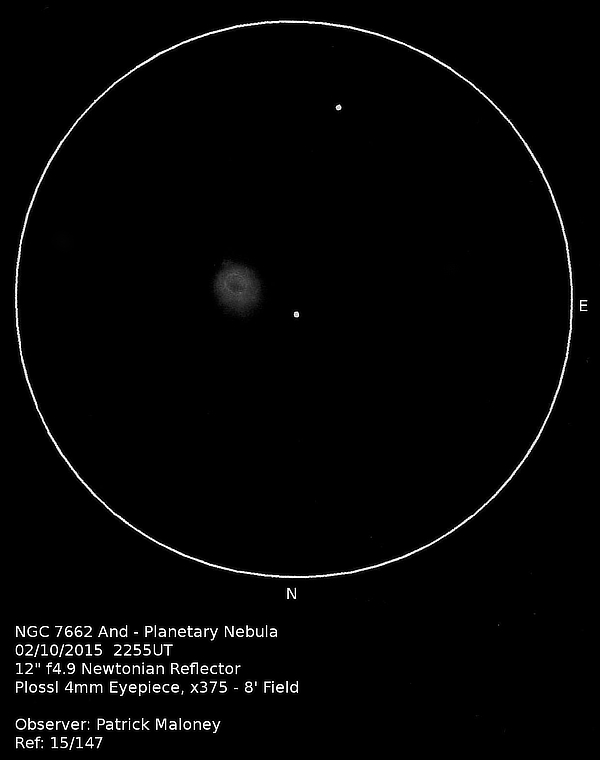 A sketch of NGC 7662 by Patrick Maloney through his 12-inch newtonian telescope at x375 magnification.