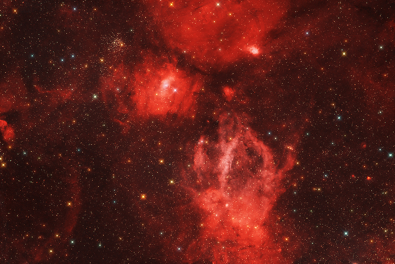 The Lobster Claw (Sh2-157) and the Bubble Nebula (NGC7635) emission nebluae and open cluster Messier 52 in Cassiopeia courtesy of David Ratledge