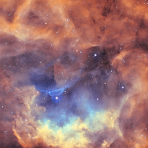 A narrowband image of emission nebula Sharpless 261 (Sh2-261) in Orion using SII, H&alpha; and OIII filters courtesy of Brendan Kinch.