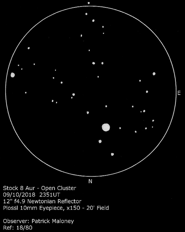 A sketch of Stock 8 in Auriga by Patrick Maloney through his 12-inch newtonian telescope at x150 magnification.